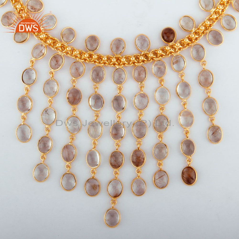 Exporter Natural Rutilated Quartz Gemstone Drop Necklace in 18K Yellow Gold Plated