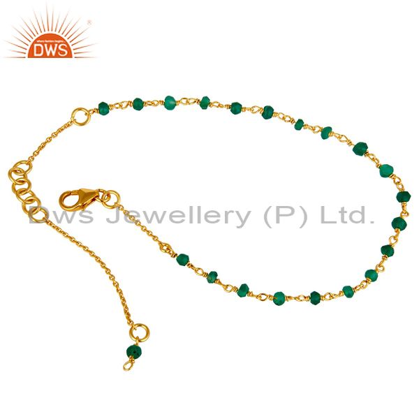 Exporter 22K Yellow Gold Plated Sterling Silver Green Onyx Gemstone Beaded Chain Bracelet