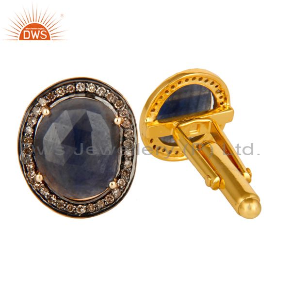 Exporter 18K Yellow Gold Sterling Silver Pave Diamond Blue Sapphire Cufflinks Jewelry