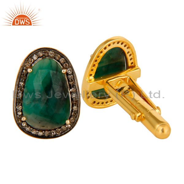 Exporter Natural Emerald And Pave Diamond 14K Yellow Gold And Sterling Silver Cufflinks