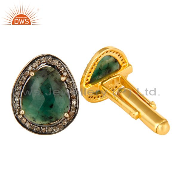 Exporter Natural Emerald 14K Solid Yellow Gold And Sterling Silver Pave Diamond Cufflinks