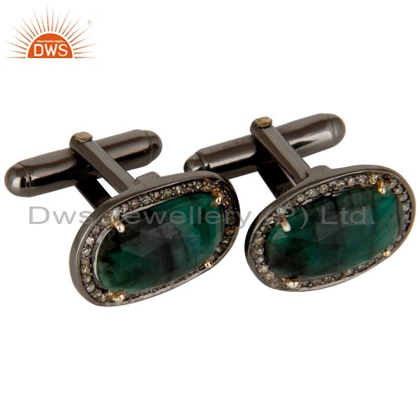 Exporter 14K Solid Yellow Gold Pave Diamond And Emerald Gemstone High Fashion Cufflinks