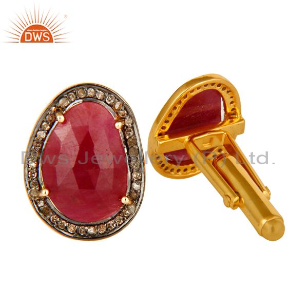 Exporter Natural Ruby Pave Set Diamond 14K Solid Yellow Gold Cufflinks Mens Gift Jewelry