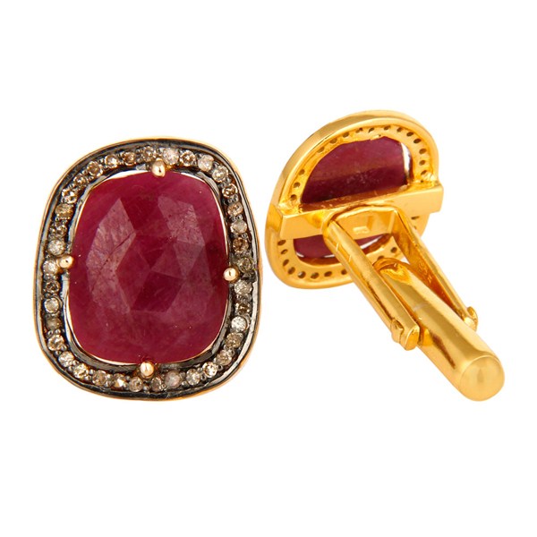 Exporter 14K Yellow Gold And Sterling Silver Genuine Ruby Pave Set Diamond Mens Cufflinks
