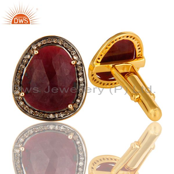 Exporter Genuine Ruby And Pave Diamond 14K Yellow Gold And Sterling Silver Cufflinks
