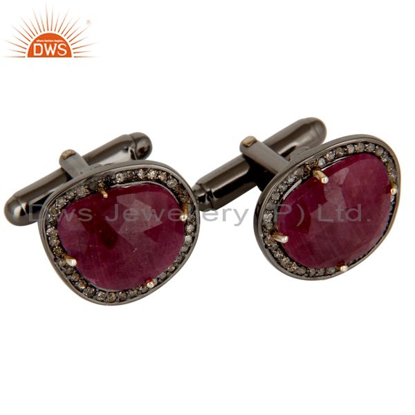 Exporter Solid 14K Yellow Gold Pave Set Diamond And Ruby Gemstone Mens Cufflinks