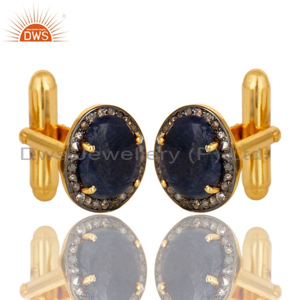 Exporter 18K Yellow Gold Sterling Silver Pave Diamond And Blue Sapphire Cufflinks Jewelry
