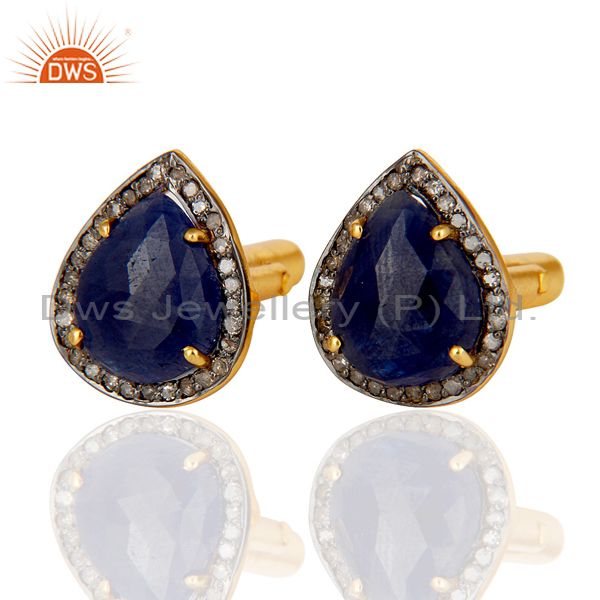 Exporter Blue Sapphire and Pave Diamond 18K Gold Plated 925 Silver Cufflink Mens Jewelry