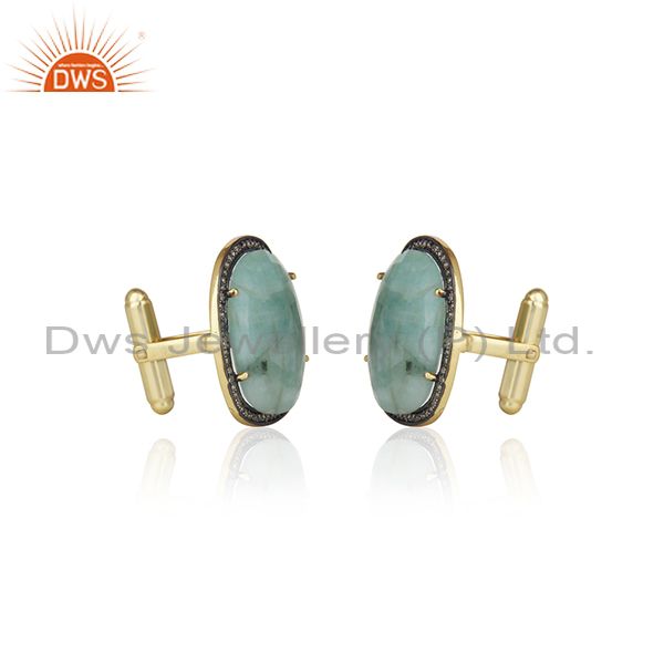 Exporter 14k Gold Plated 925 Silver Pave Diamond And Emerald Gemstone Cufflinks For Mens