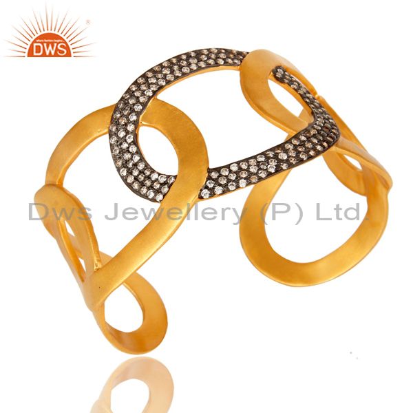 Exporter 18K Yellow Gold Plated Designer Wide Cuff Bracelet Bangle With Cubic Zirconia