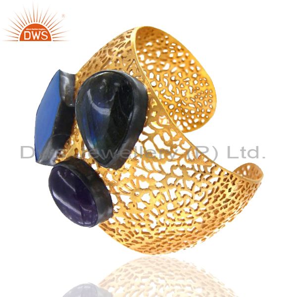 Exporter 18K Yellow Gold Plated Brass Filigree Design Amethyst & Chalcedony Wide Cuff