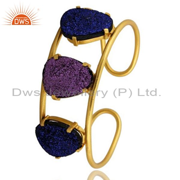 Exporter 24K Yellow Gold Plated Brass Blue Druzy And Purple Druzy Designer Cuff Bracelet