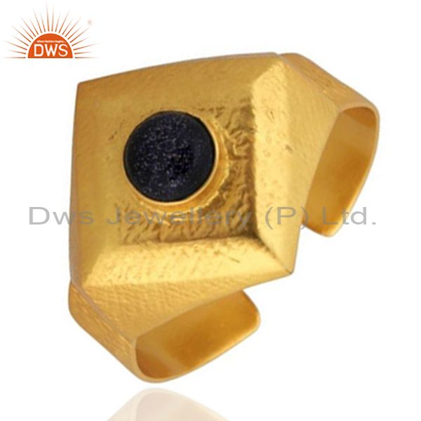 Exporter 22K Yellow Gold Plated Brass Blue Sunstone Hammered Cuff Bracelet Bangle
