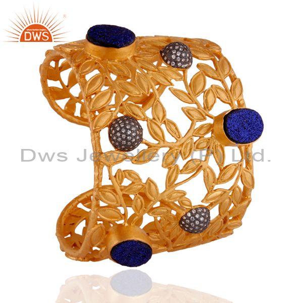 Exporter 18K Yellow Gold Plated Brass Blue Druzy Agate Floral Design Cuff Bangle Bracelet