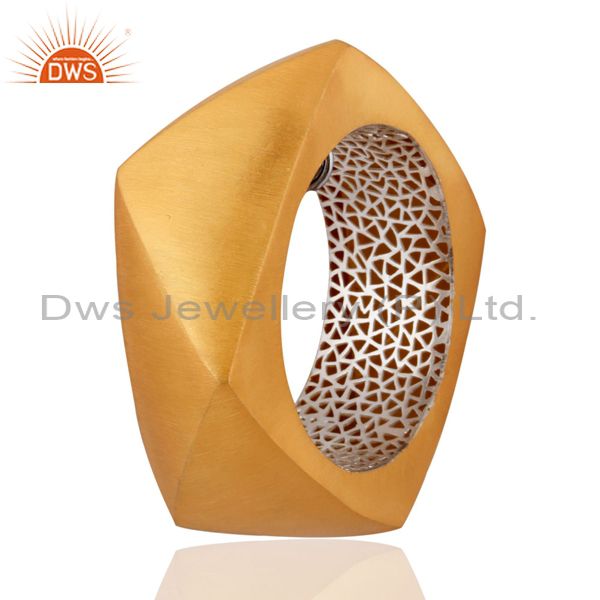 Supplier of 24k yellow gold plated solid 925 silver brushed wide cuff bangle