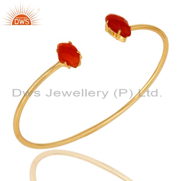 Exporter 18K Yellow Gold Plated Prong Set Red Onyx Gemstone Adjustable Bangle