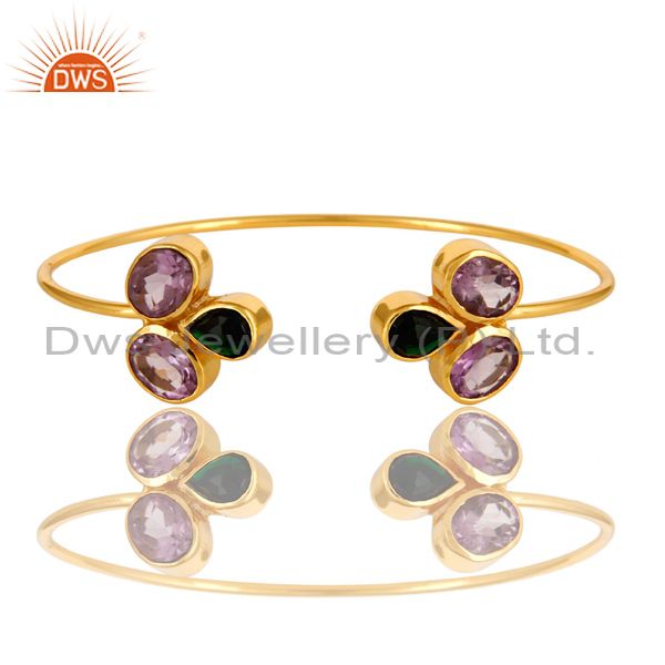 Exporter 18K Yellow Gold Plated Amethyst And Green Onyx Gemstone Open Bangle / Bracelet