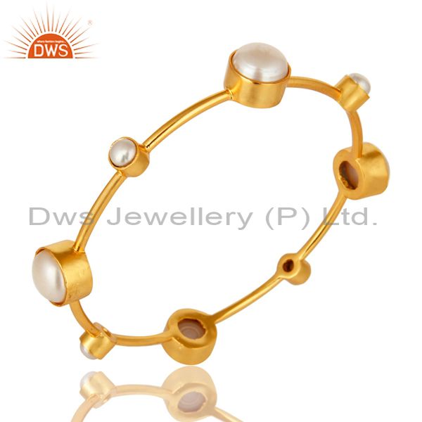 Supplier of 14k yellow gold plated brass natural white pearl handmade bangle