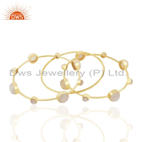 Supplier of Rainbow moonstone gold plated 925 silver three bangle set jewelry
