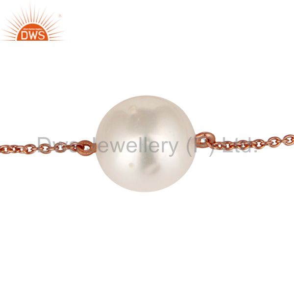 Exporter 18K Rose Gold Plated Sterling Silver White Pearl Cable Link Chain Bracelet