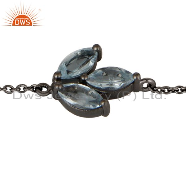 Exporter Oxidized Sterling Silver Blue Topaz Gemstone Cable Link Chain Bracelet