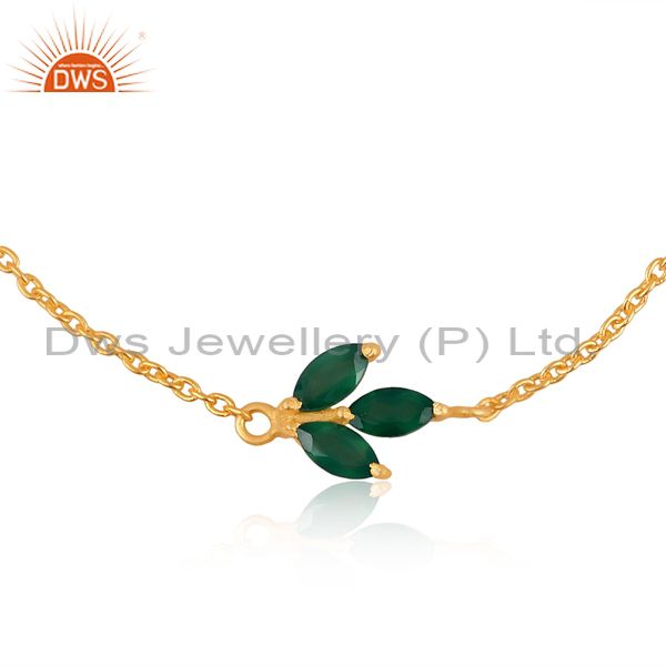Exporter 22K Gold Plated 925 Silver Green Onyx Gemstone Chain Bracelet With Lobster Lock