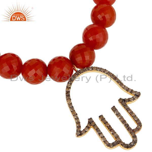 Exporter 18k Gold Plated Sterling Silver Hand Design Diamond & Red Onyx Charms Bracelet