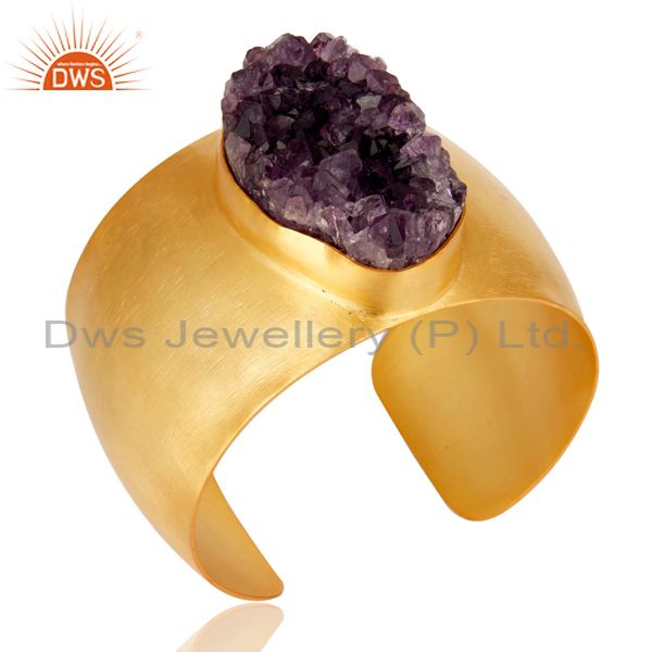Exporter Traditional Handmade 22K Gold Plated Wide Druzy Amethyst Openable Brass Bangle