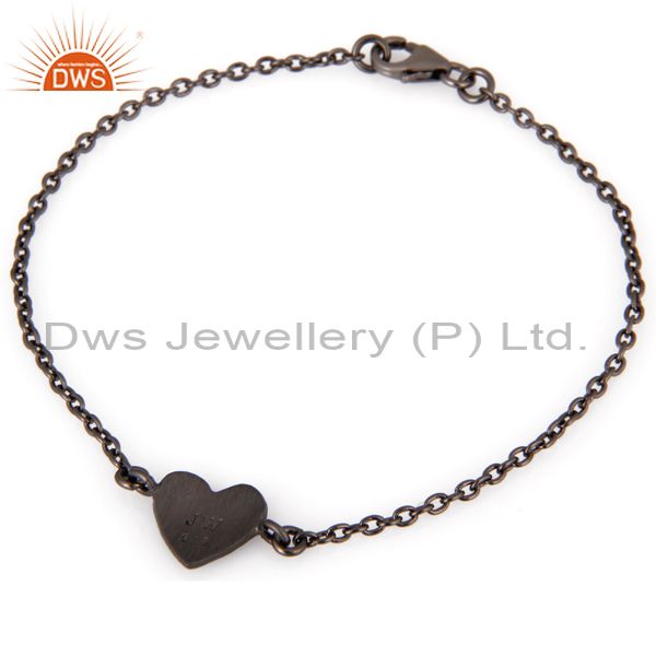 Exporter Oxidized Sterling Silver Heart Charms Link Charms Bracelet With Lobster Lock