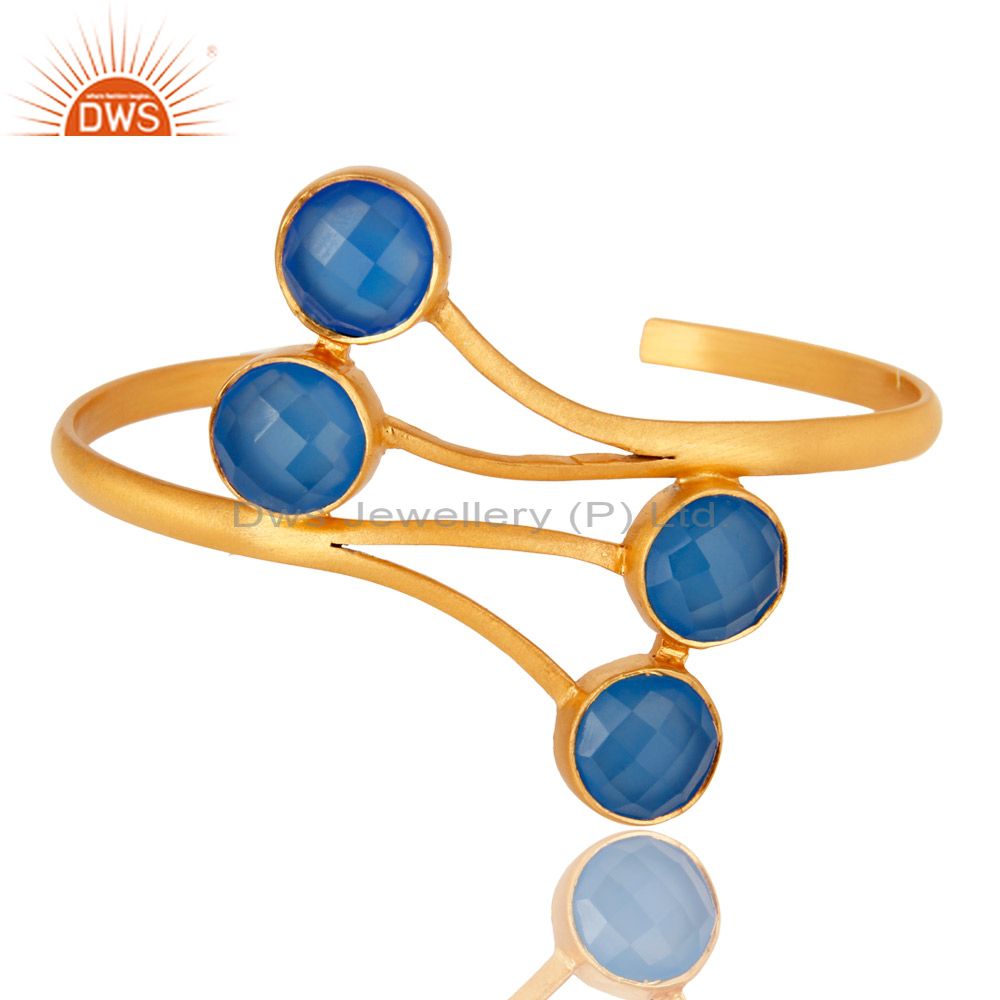 Exporter 18K Yellow Gold Plated Aqua Blue Chalcedony Handmade Cuff Bracelet / Bangle