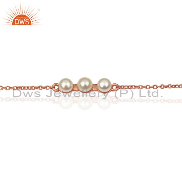 Exporter Pearl Chain Link 14K Rose Gold Plated 925 Sterling Silver Bracelet Jewelry