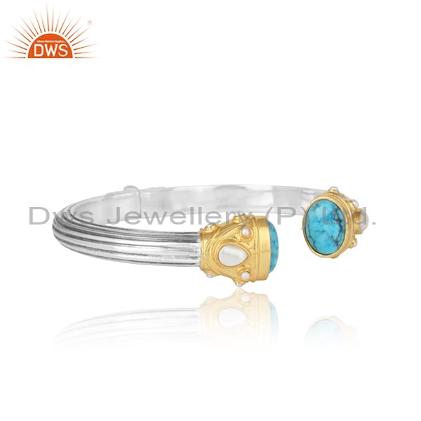 Textured bold cuff in gold oxi on silver with turquoise and pearl