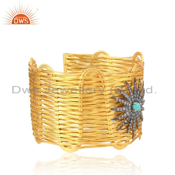 Cz And Turquoise Set Gold On Silver Rope Wired Cuff Bangle
