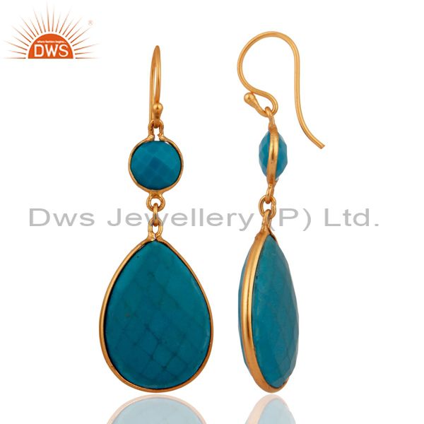 Suppliers 18K Yellow Gold Over Sterling Silver Turquoise Bezel Set Double Drop Earrings