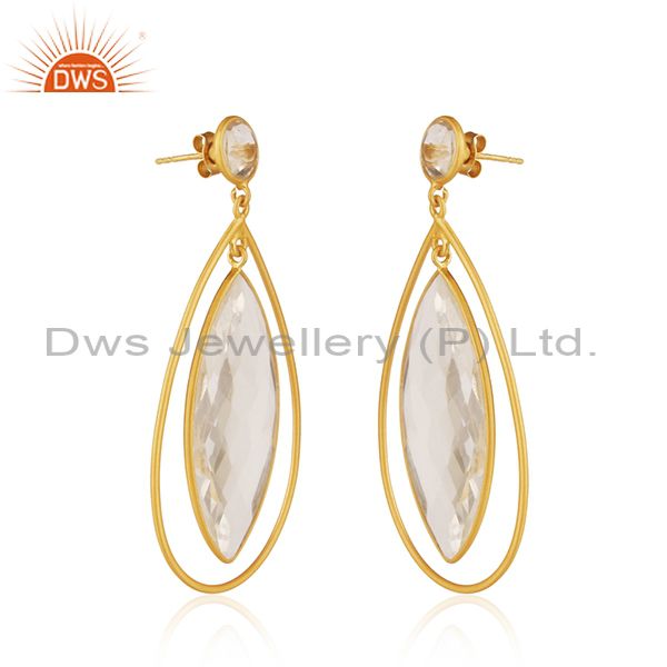 Exporter 18K Yellow Gold Plated Natural Quartz Crystal Sterling Silver Tear Drop Earrings
