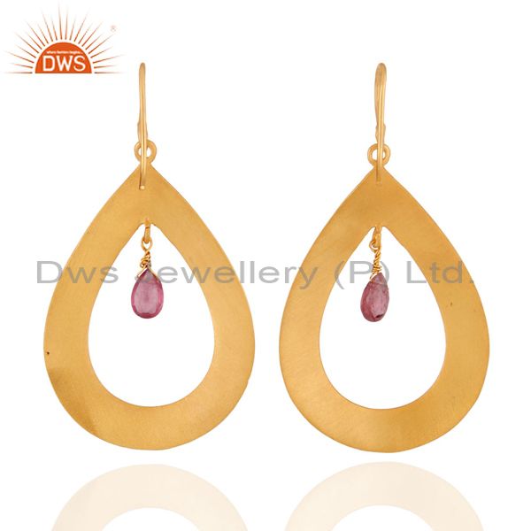 Exporter Brushed Matte Finish 24k Gold Plated Sterling Silver Tourmaline Dangle Earrings