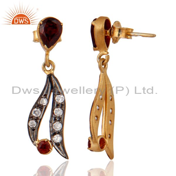 Exporter 925 Sterling Silver Yellow Gold Plated Natural Garnet Gemstone Earrings With CZ