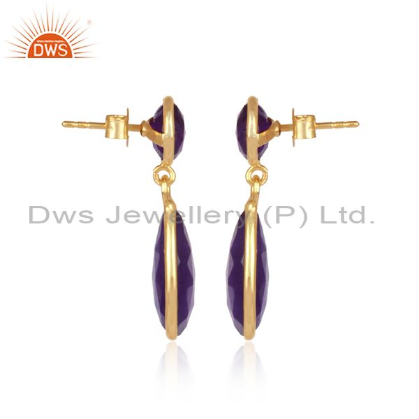 Exporter 18K Gold Plated Sterling Silver Purple Aventurine Bezel-Set Dangle Earrings