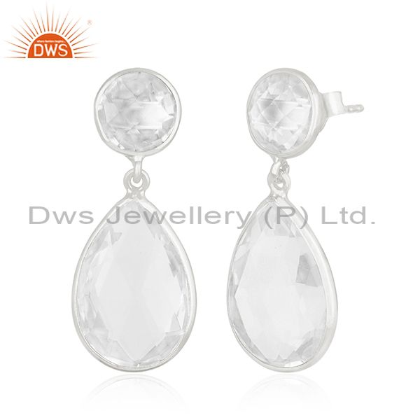 Exporter Clear Crystal Quartz 925 Sterling Silver Dangle Earring Manufacturer of Jewelry