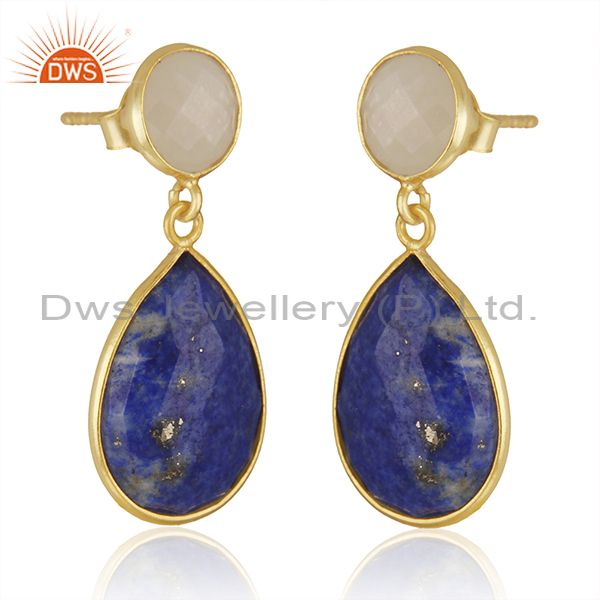 Exporter 14K Gold Plated 925 Silver Lapis Lazuli & Moonstone Bezel Set Drops Earrings