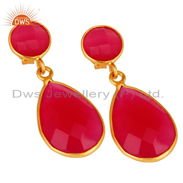 Exporter Faceted Dyed Pink Chalcedony Pear Shape 925 Silver Drop Earrings - Gold Plated
