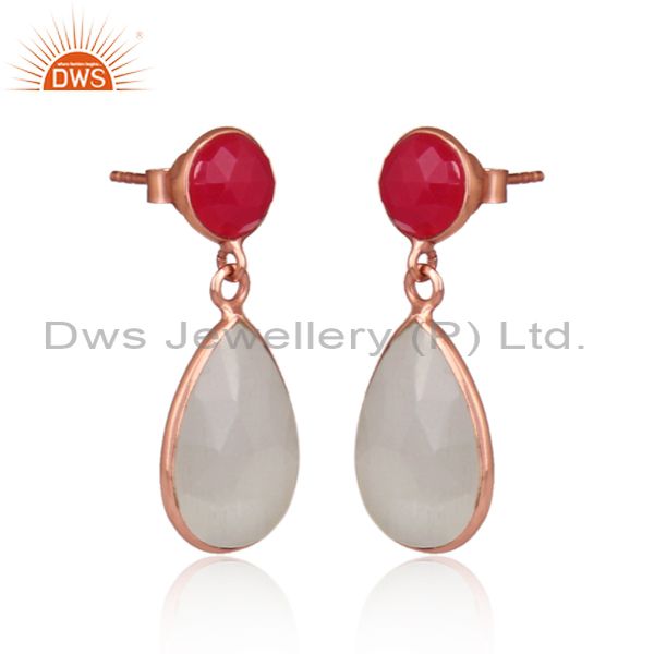 Moon Stone Pink Chalcedony Rose Gold On Silver Earrings