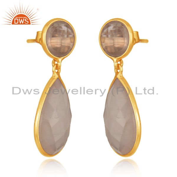 Exporter 14k Gold Plated 925 Silver Rose Quartz Gemstone Drop Earrings Supplier