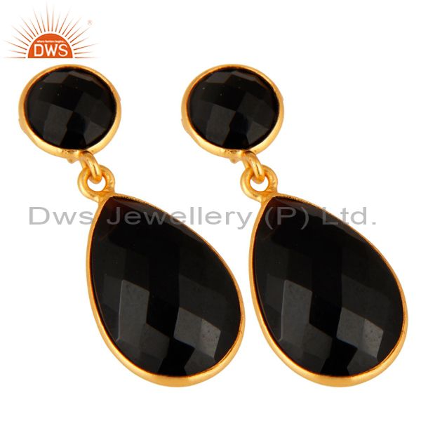 Exporter 925 Sterling Silver Faceted Gold Plated Black Onyx Gemstone Drop Earrings