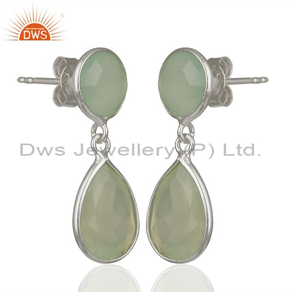 Exporter Solid 925 Sterling Silver Aqua Chalcedony Gemstone Drop Earrings