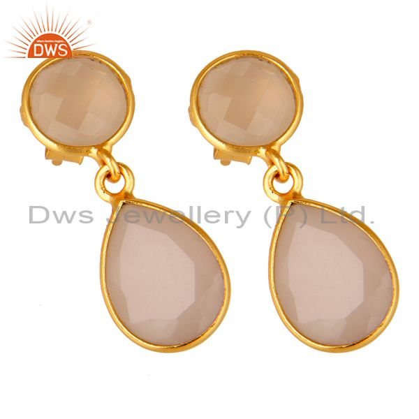 Exporter 18K Yellow Gold Plated Silver Rose Chalcedony Bezel Set Drop Earrings