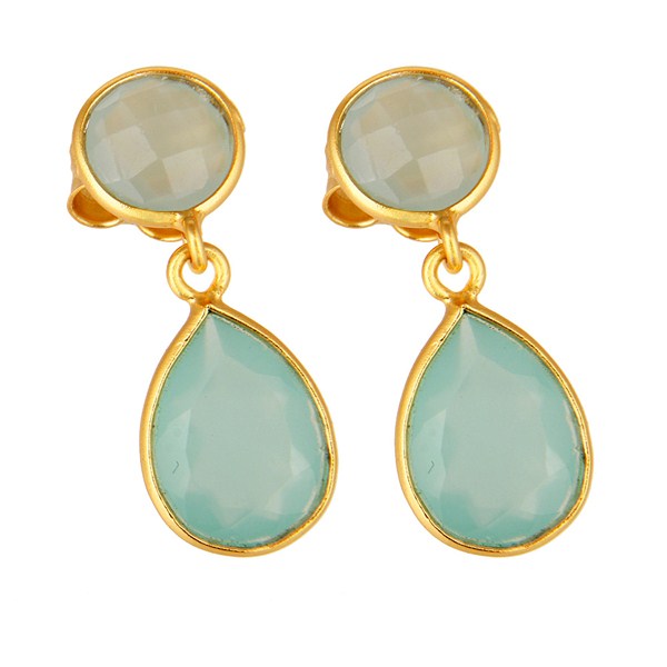 Exporter 14K Gold Plated Sterling Silver Dyed Aqua Blue Chalcedony Bezel Set Drop Earring