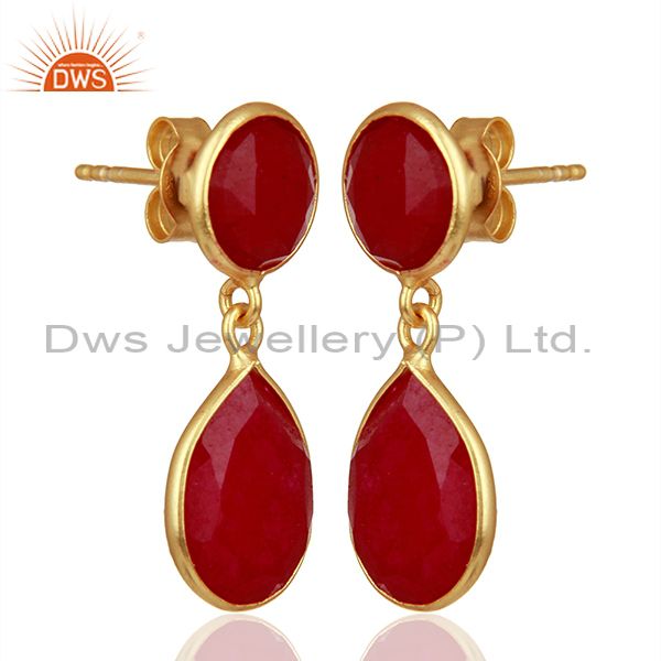 Exporter Red Gemstone Gold Plated 925 Silver Drop Earrings Manufacturers
