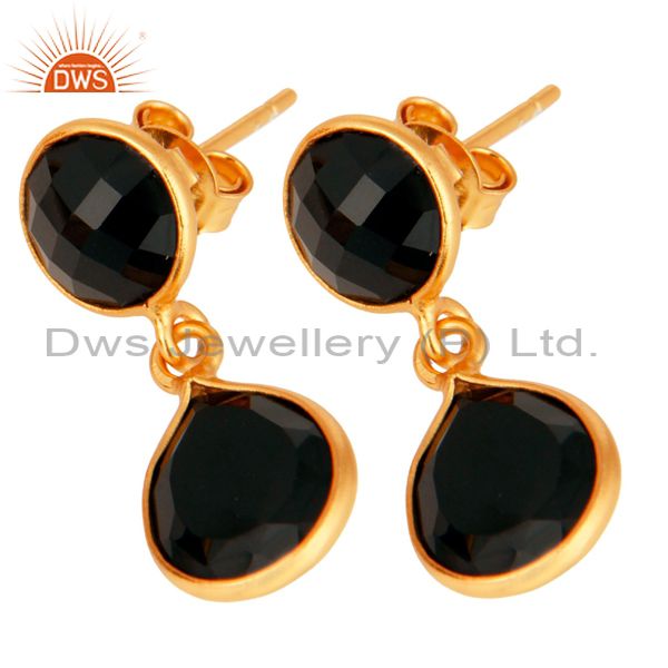 Exporter 22K Yellow Gold Plated Black Onyx 925 Sterling Silver Gemstone Drop Earrings