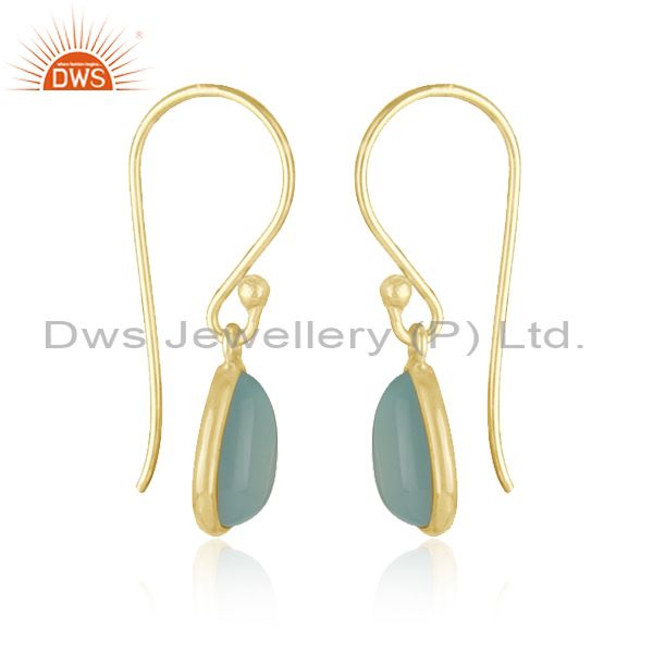 Wholesalers Aqua Blue Glass Chalcedony Bezel Set Drop Earrings Made In 18K Gold Over Silver